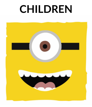 The word children above a stylized button resembling a Minion from Despicable Me