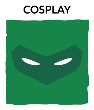 The word cosplay above a button with a green mask