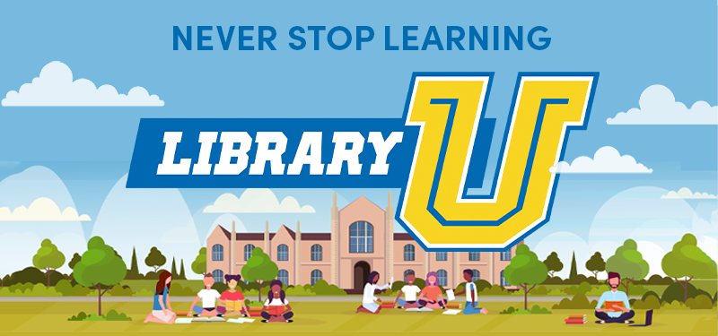 Adults sit, picnic style, in a park in front of a college campus with Library U: Never Stop Learning in the sky above them.