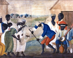 painting of Gullah slaves dancing and playing musical instruments from Africa