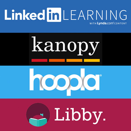 LinkedIn Learning, Kanopy, Hoopla, Libby logos