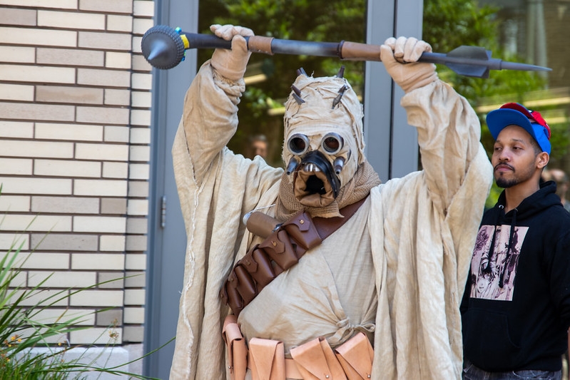 cosplayer dressed as a Tusken Raider from Star Wars
