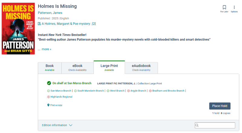 Screenshot of a book in the catalog and the Place Hold button