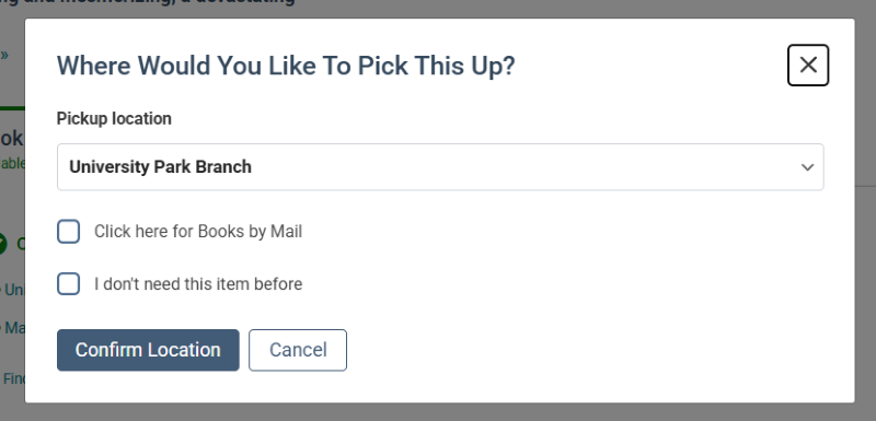 Screenshot showing "Click here for Books by Mail" as an option under "Pickup location" 