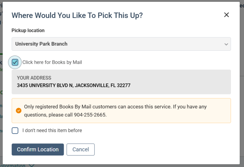Screenshot with "Click here for Books by Mail" clicked and a home address showing.