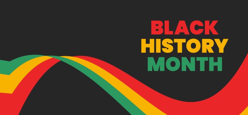 Black History Month in red, yellow and green. An abstract flag in the same colors swoops across the bottom