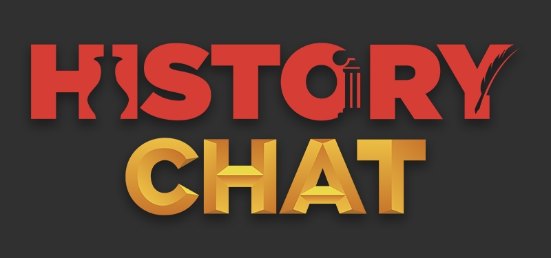 History Chat logo. History is in red and Chat is in gold. Both are on a black background. Silhouettes of a clay pot, feather pen