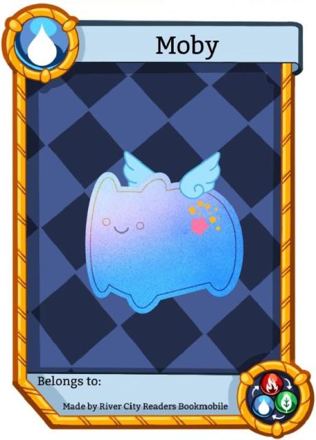 A Reading Dragons card named Moby. A blue sprite that resembles a cat with wings.