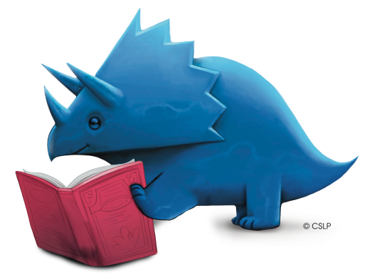 Illustration of a blue dino holding a book
