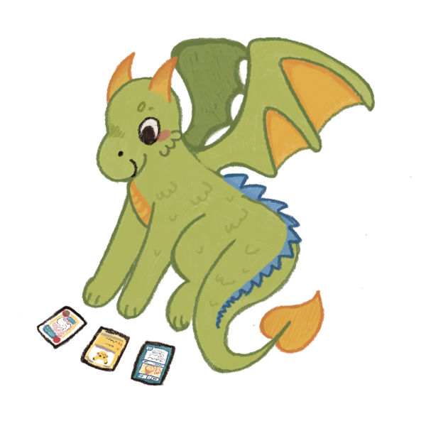 Illustration of a green dragon playing cards