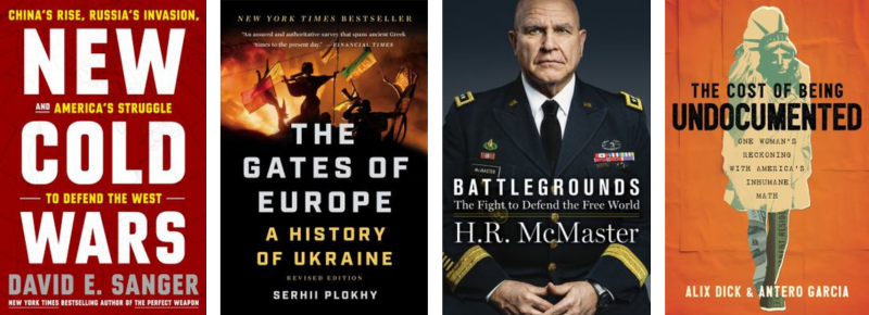 A collage of book covers including New Cold Wars, The Gates of Europe, Battlegrounds and The Cost of Being Undocumented.