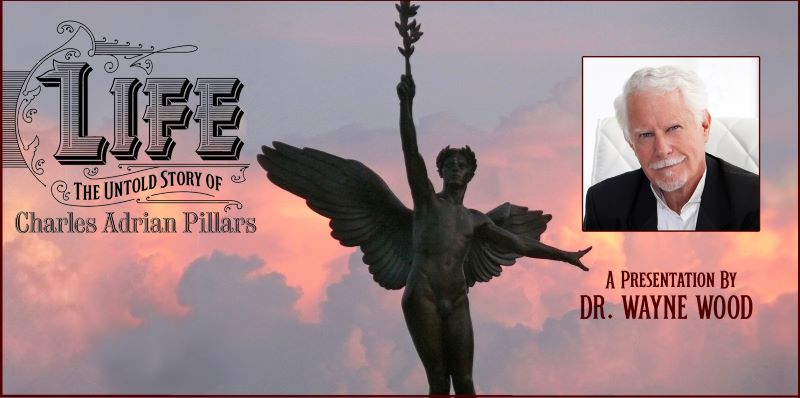 "Life" The Untold Story of Charles Adrian Pillars with Dr. Wayne Wood. Includes a photo of the sculpture at dusk.