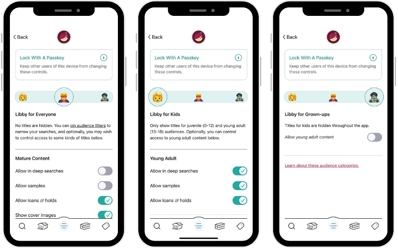 Screenshots of Libby for Everyone, Libby for Kids, and Libby for Grownups
