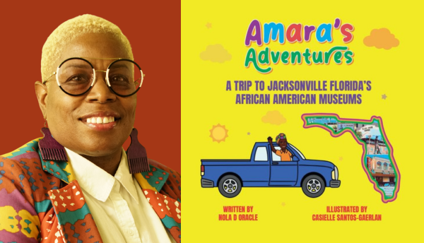 Author Nola D. Oracle with the cover of Amara's Adventures: A Trip to Jacksonville Florida's African American Museums