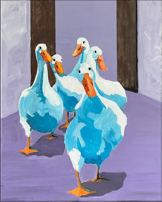 A line of ducks walking in a hall