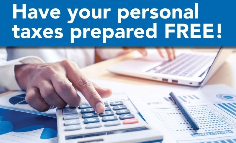 Have your personal taxes prepared for free! Image includes a photo of a man using a calculator.