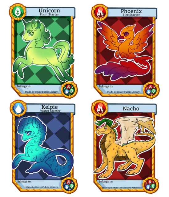 Trading cards with a green unicorn, blue kelpie, red phoenix and "nacho" dragon, each showing its type as leaf, water or fire.