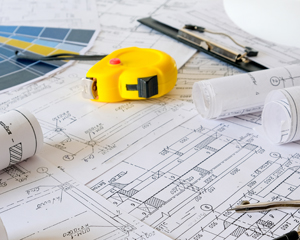 Renovations & Upgrades architectural plands and a tape measure for library renovations and upgrades