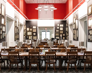 Tables and chairs in the Map Room on the 4th floor of the Main library