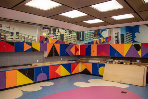 Colorful cabinets and mirror installation