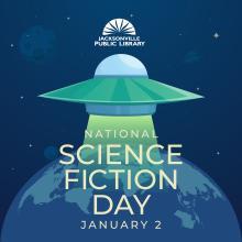 National Science Fiction Day, January 2. An flyer saucer uses a tracker beam in orbit above the earth.
