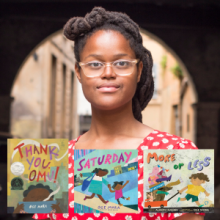Author Oge Mora with book covers for Thank You Omu, Saturday, and More or Less