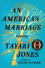 An American Marriage by Tayari Jones. The book cover shows a gold tree on a sky blue background.